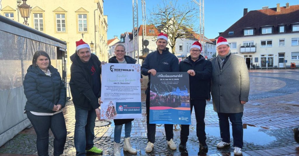 Marina Jordan (Stadtagentur, v.l.), Christian Koop (Stadtagentur), Sabine Frost (Berthold´s – Der Naturbäcker, v.l.), Jörn Zobe (Stadtwerke Haltern am See), André Michalczak (OnStage Entertainment) und Bürgermeister Andreas Stegemann.