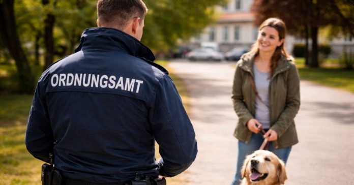 Ordnungsamt kontrolliert Hundehalterin mit Hund im öffentlichen Raum in Haltern am See