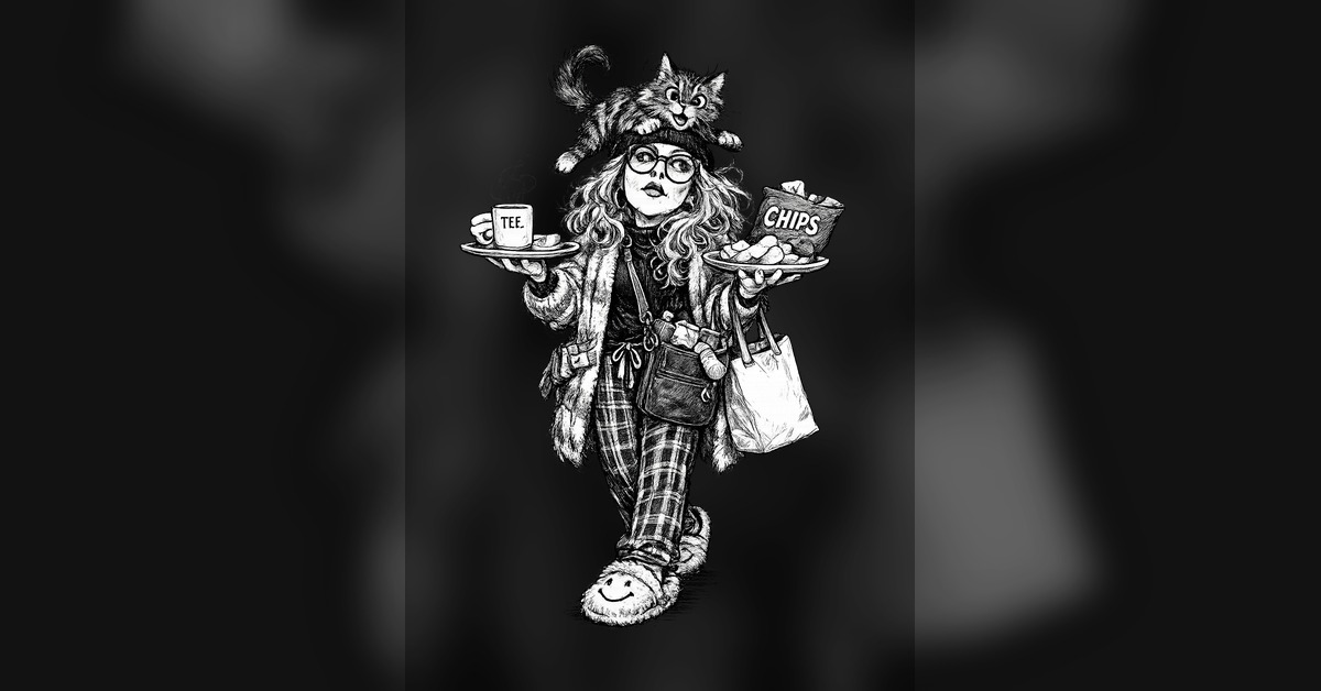 Schwarzweiße Illustration einer Frau mit Tee und Chips zur Carla-Commodore-Kolumne
