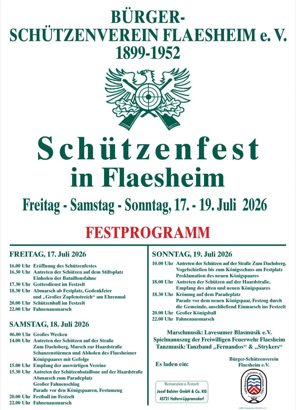 Festprogramm des Schützenfests Flaesheim 2026 vom 17. bis 19. Juli