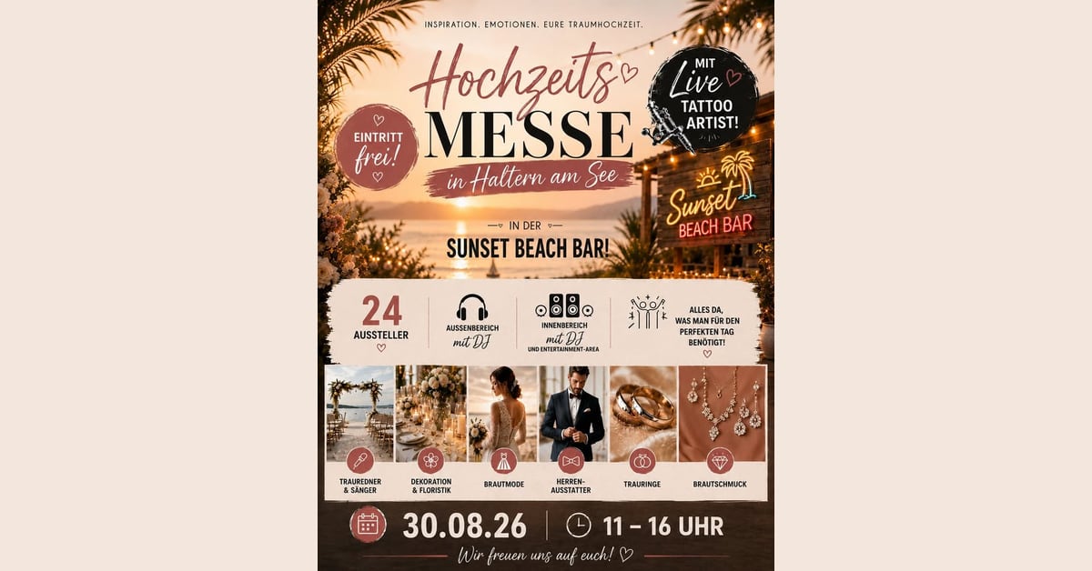 Grafik zur Hochzeitsmesse in der Sunset Beach Bar in Haltern am See am 30. August 2026