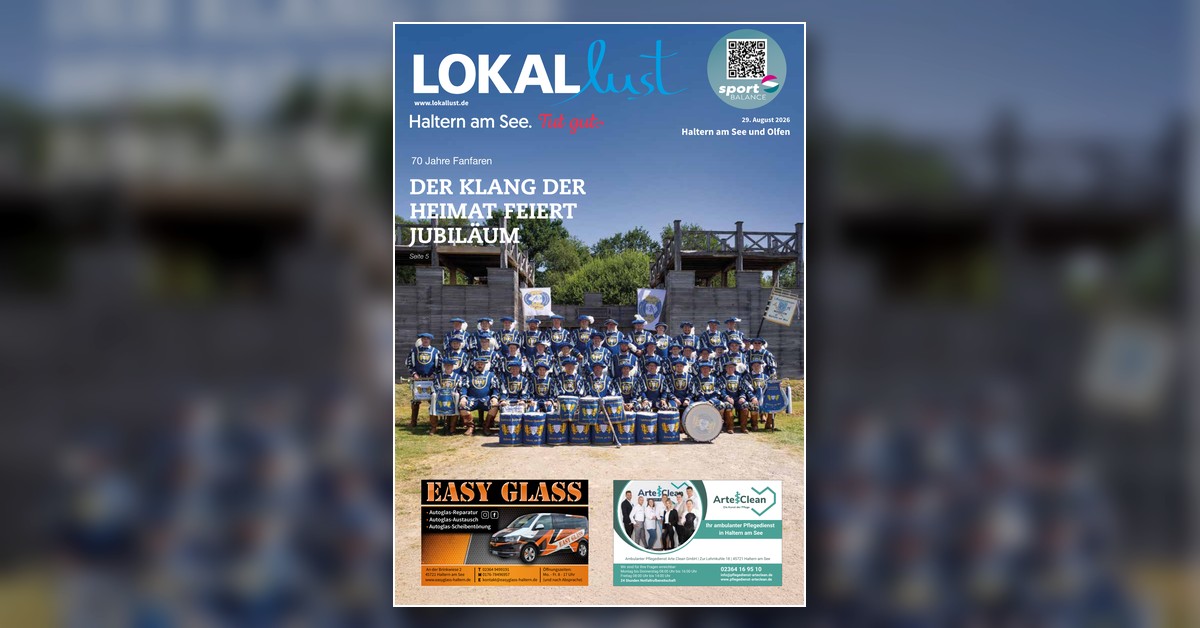 Lokallust Haltern August 2026 – Hub-Titelbild Cover-Mockup Lokallust Haltern Ausgabe August 2026 als Cover-Mockup mit Fanfaren Haltern auf der Titelseite