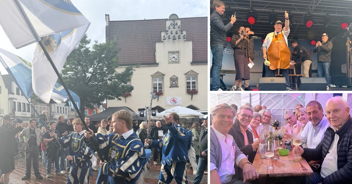 Collage vom Heimatfest 2026 in Haltern mit Fanfarenchor, Fassanstich und Festbesuchern