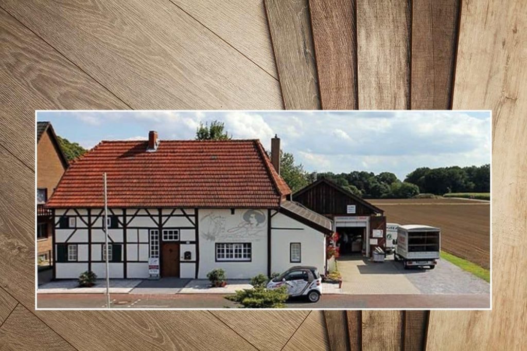 Collage mit Bodenbelag und Firmengebäude des Fußboden Service Rohlof