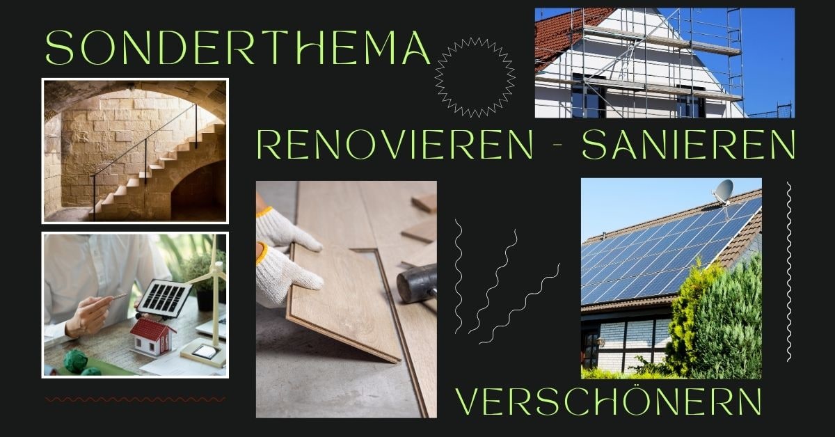Haus renovieren: Collage mit Bodenverlegung, Gerüst und Photovoltaikanlage